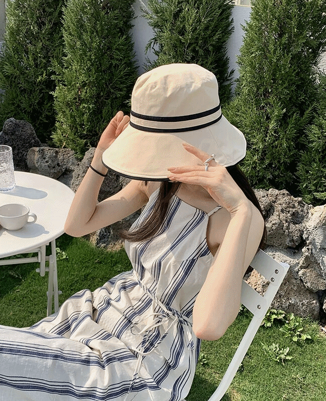 [자외선 차단/캠핑모자]라인배색 와이드챙 여자 버킷햇 벙거지 모자