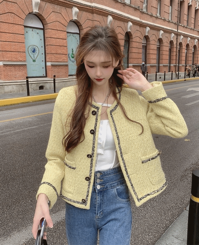 [봄자켓/여자정장재킷]옐로우 라인포인트 노카라트위드자켓