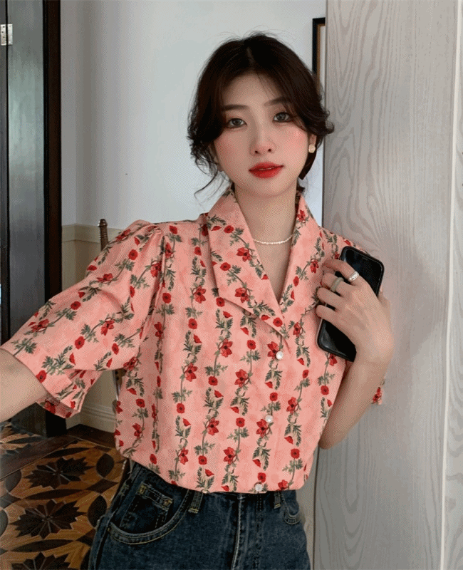 [플라워셔츠/여자남방]카라 장미 루즈핏 반팔셔츠 여자블라우스