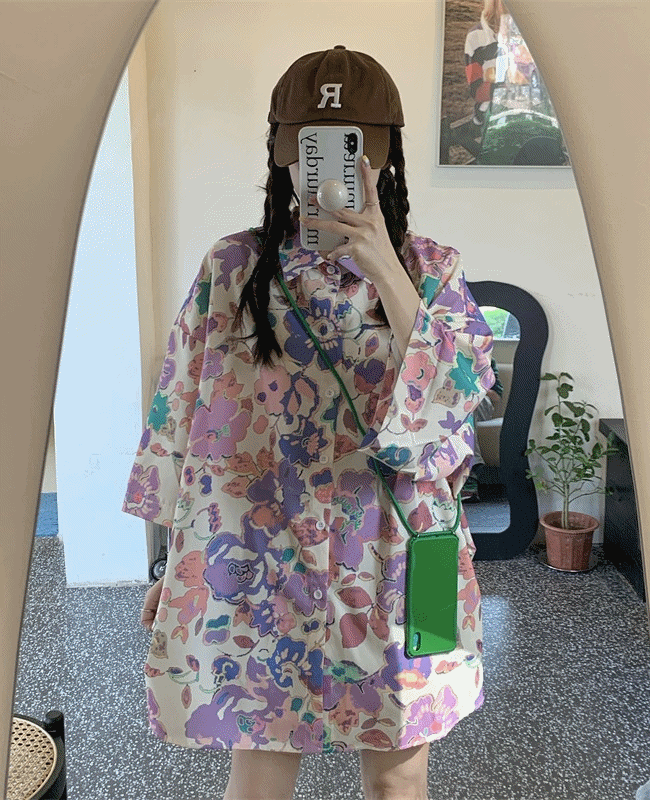 [휴가룩/여름남방/여자셔츠]카라 싱글버튼 반팔 루즈핏 오버핏 플라워남방 꽃남방